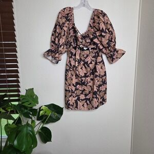 Amalie Showpo Dessie Floral Tie‎ Front Open Back Puff Sleeve Mini Dress US 10